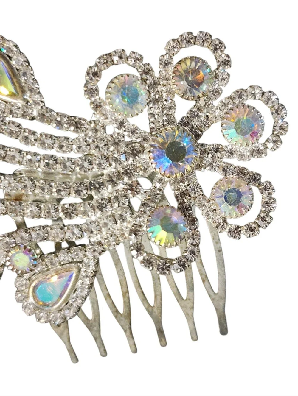 Silvertone Aurora Borealis & Clear Crystal Teardrop Hair Comb